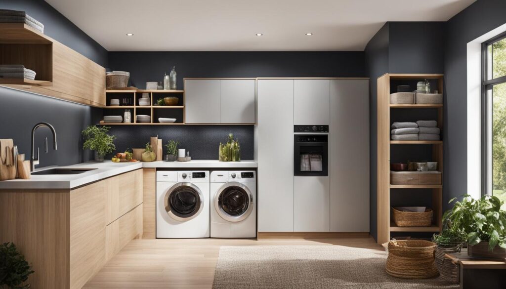 laundry room storage in kitchen